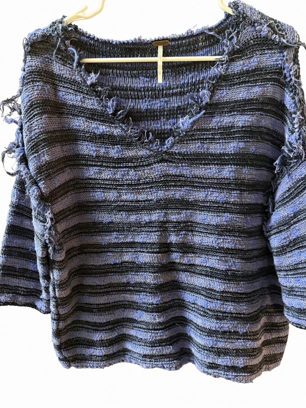 Free People Spells Trouble Striped V-Neck Frayed Knit Sweater XS